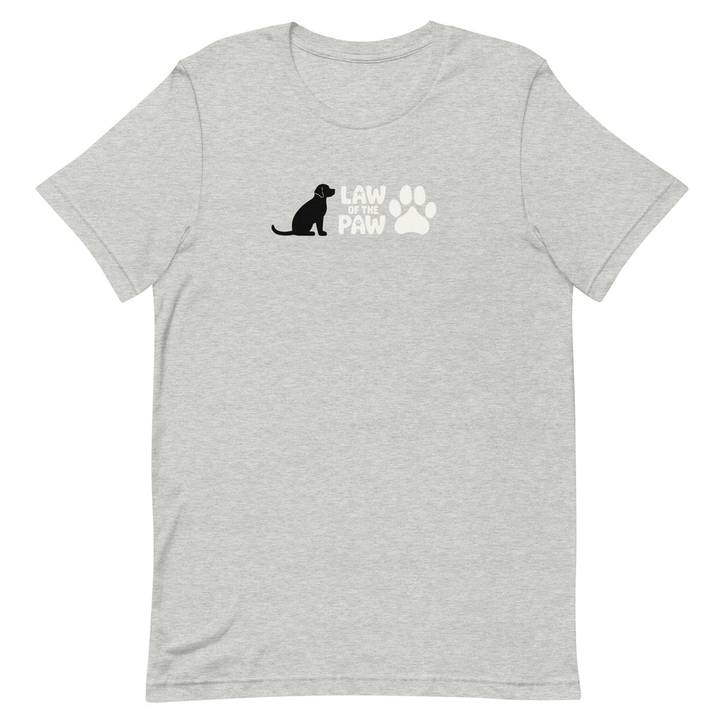 Law of the Paw® logo with seated dog and paw print on a t-shirt in athletic heather grey, front view – Kate Spain design
