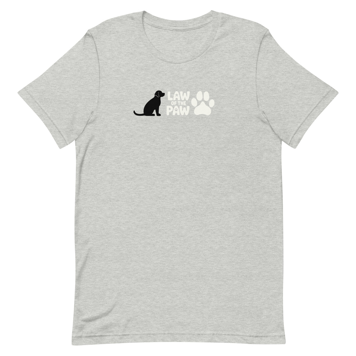 Law of the Paw® logo with seated dog and paw print on a t-shirt in athletic heather grey, front view – Kate Spain design
