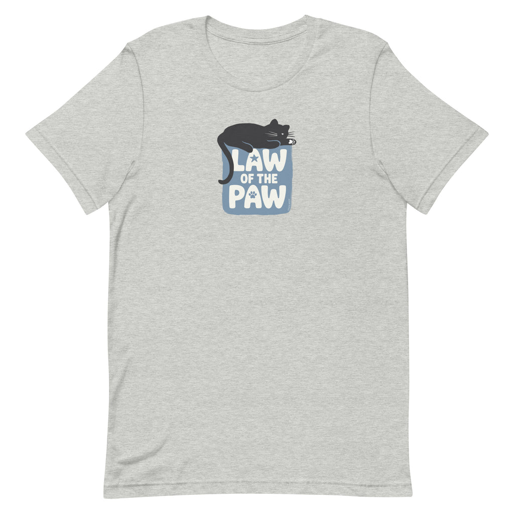 Law of the Paw® design with a cat napping on the logo on a t-shirt in athletic heather grey, front view – Kate Spain design