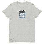 Law of the Paw® design with a cat napping on the logo on a t-shirt in athletic heather grey, front view – Kate Spain design