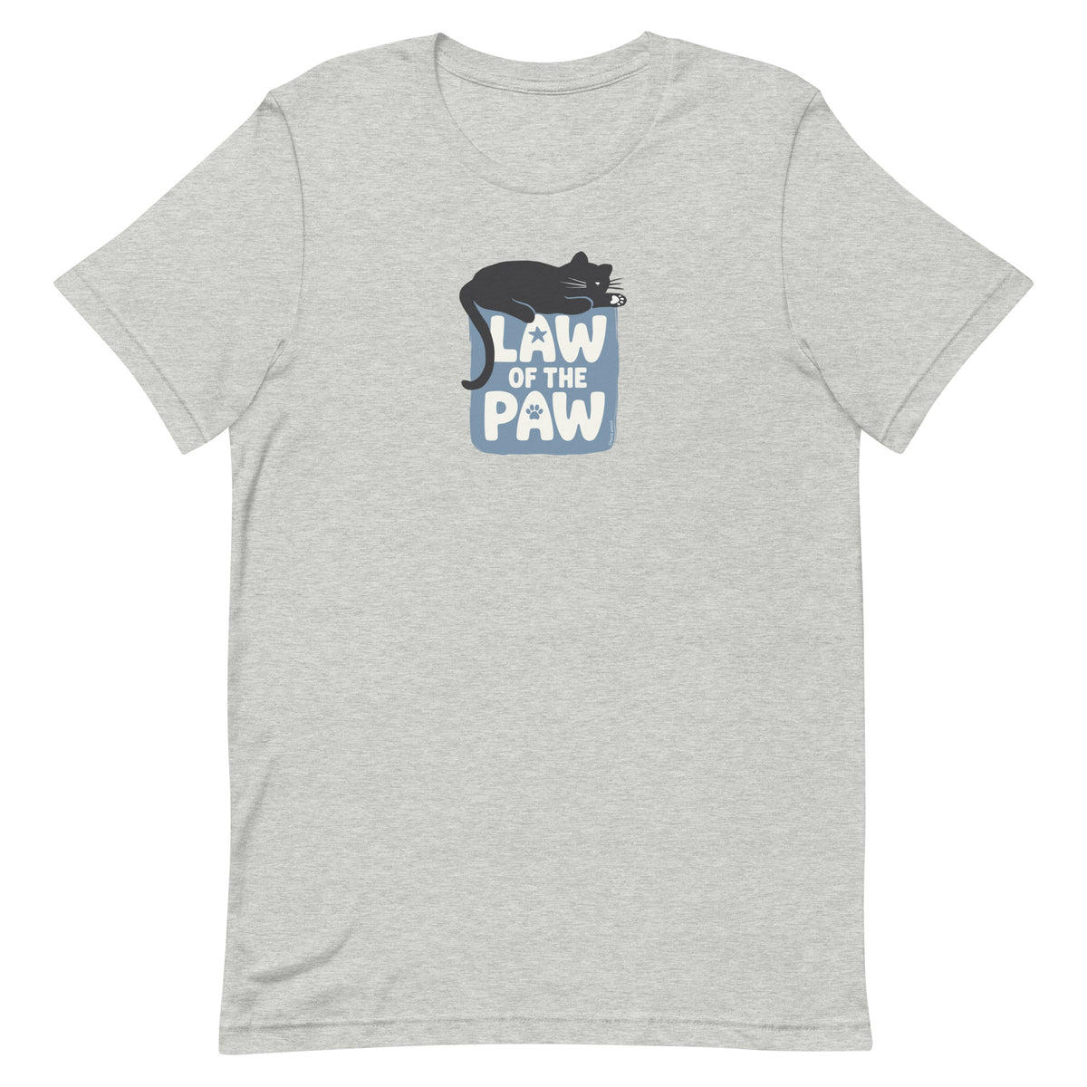 Law of the Paw® design with a cat napping on the logo on a t-shirt in athletic heather grey, front view – Kate Spain design