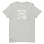 Work in Progress Mod distressed lettering with thread, scissors and sewing machine on a t-shirt in athletic heather grey, front view – Kate Spain design for Pat Sloan