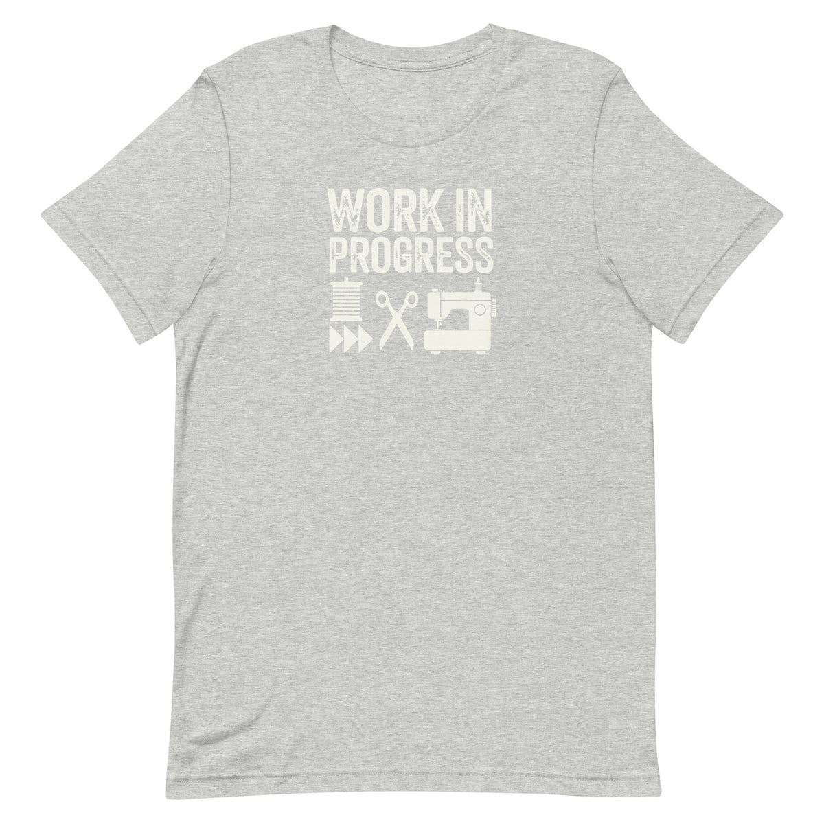 Work in Progress Mod distressed lettering with thread, scissors and sewing machine on a t-shirt in athletic heather grey, front view – Kate Spain design for Pat Sloan
