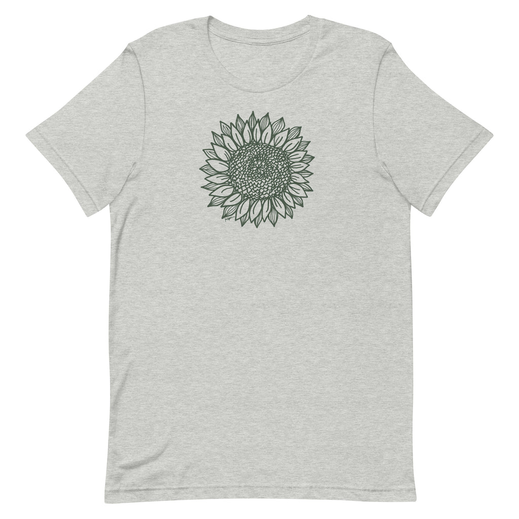 Green botanical line-art sunflower drawn from life on a crewneck t-shirt in athletic heather grey, front view – Sunflower by Kate Spain