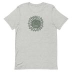 Green botanical line-art sunflower drawn from life on a crewneck t-shirt in athletic heather grey, front view – Sunflower by Kate Spain