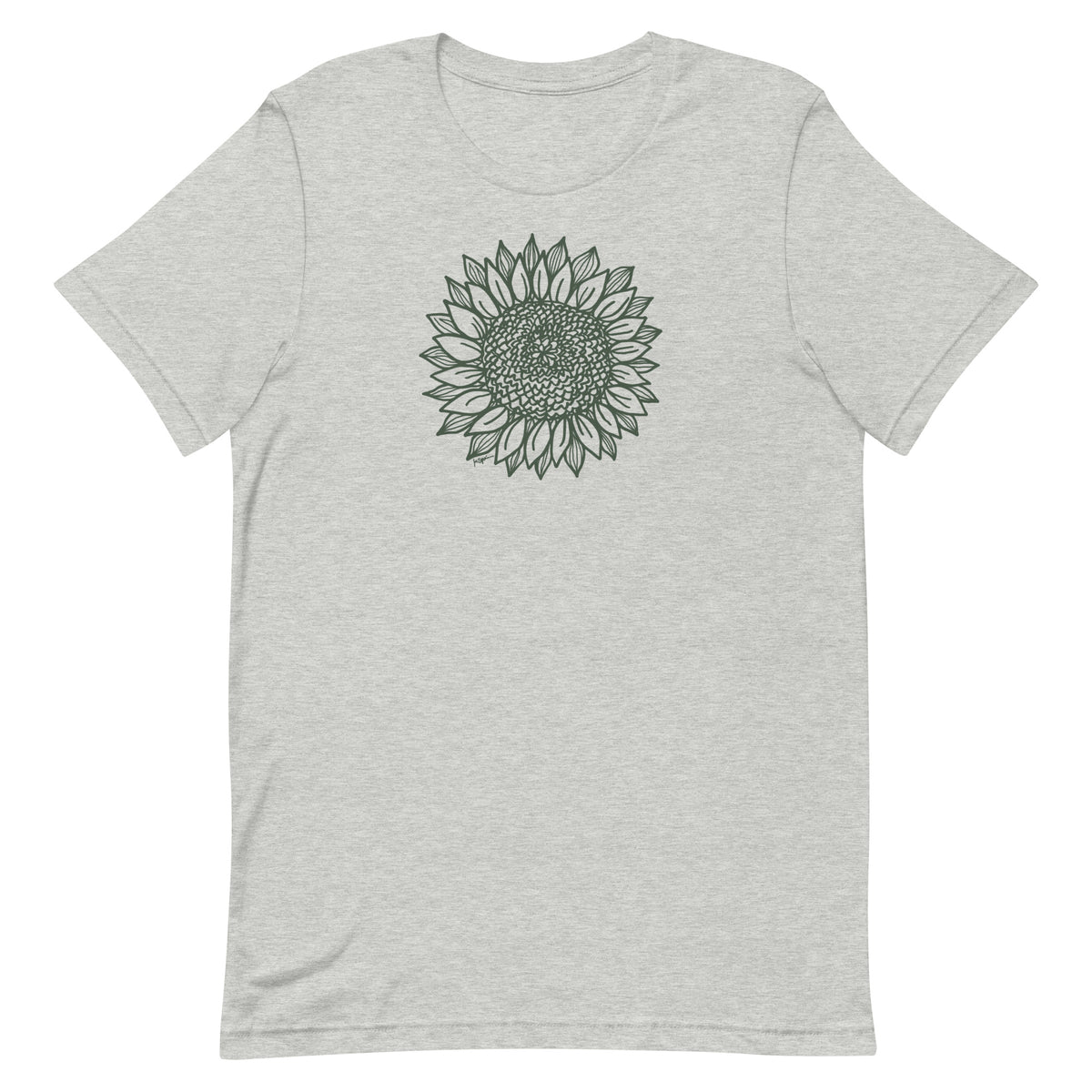 Green botanical line-art sunflower drawn from life on a crewneck t-shirt in athletic heather grey, front view – Sunflower by Kate Spain