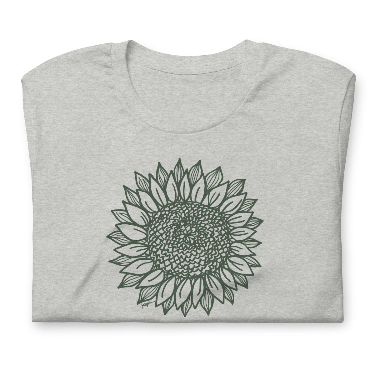 Green botanical line-art sunflower drawn from life on a crewneck t-shirt in athletic heather grey, folded close-up of the design – Sunflower by Kate Spain