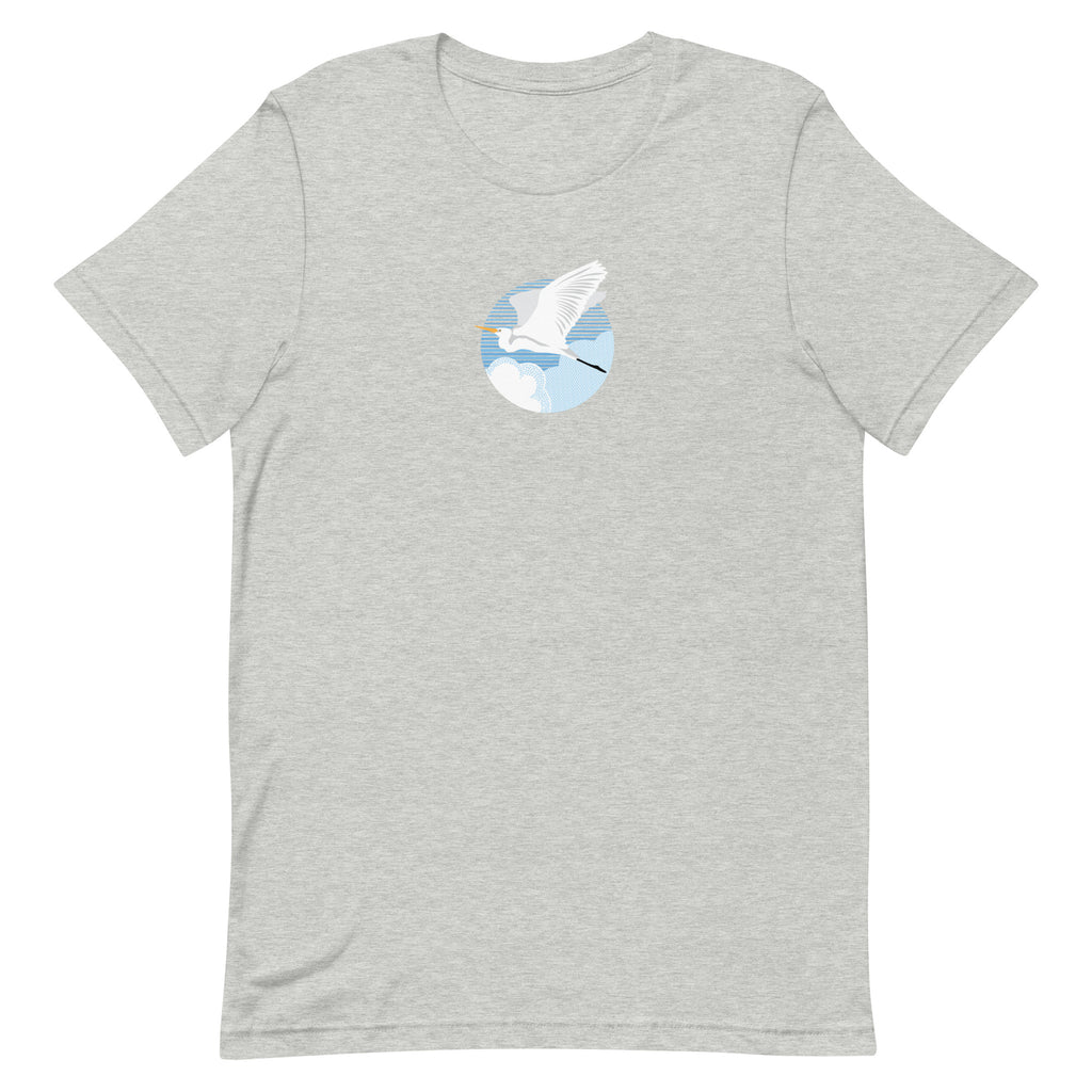 Great egret in flight against a blue circle on a t-shirt in athletic heather grey, front view – Kate Spain design