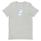 Great egret in flight against a blue circle on a t-shirt in athletic heather grey, front view – Kate Spain design
