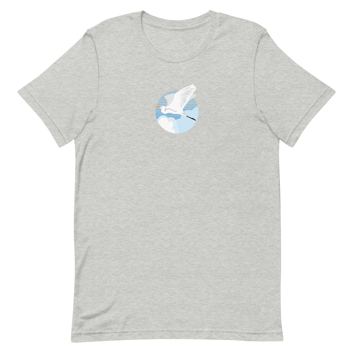 Great egret in flight against a blue circle on a t-shirt in athletic heather grey, front view – Kate Spain design