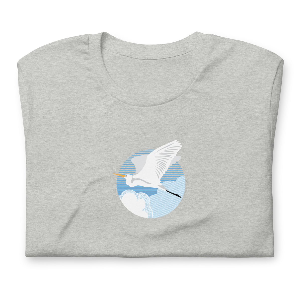 Great egret in flight against a blue circle on a t-shirt in athletic heather grey, folded close-up of the design – Kate Spain design