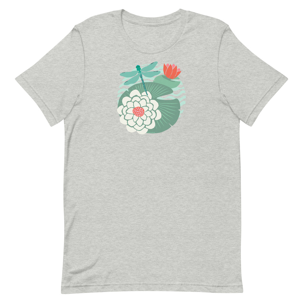 Dragonfly over water lilies and lily pads on a t-shirt in athletic heather grey, front view – Kate Spain design