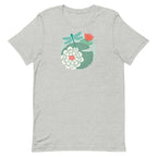 Dragonfly over water lilies and lily pads on a t-shirt in athletic heather grey, front view – Kate Spain design