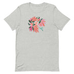 Hummingbird among coral tropical flowers on a t-shirt in athletic heather grey, front view – Kate Spain design