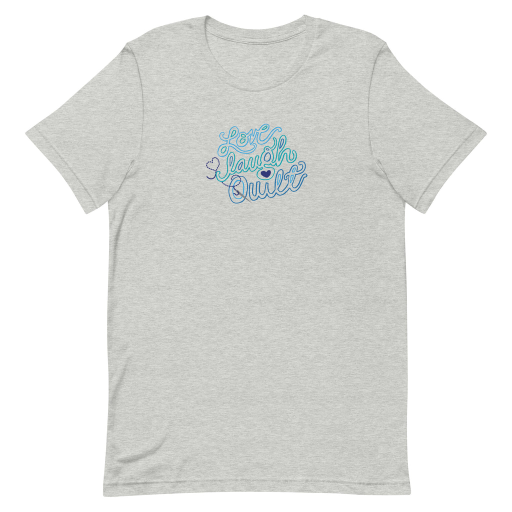 Love Laugh Quilt hand-lettered quilting design on a t-shirt in athletic heather grey, front view – Kate Spain design