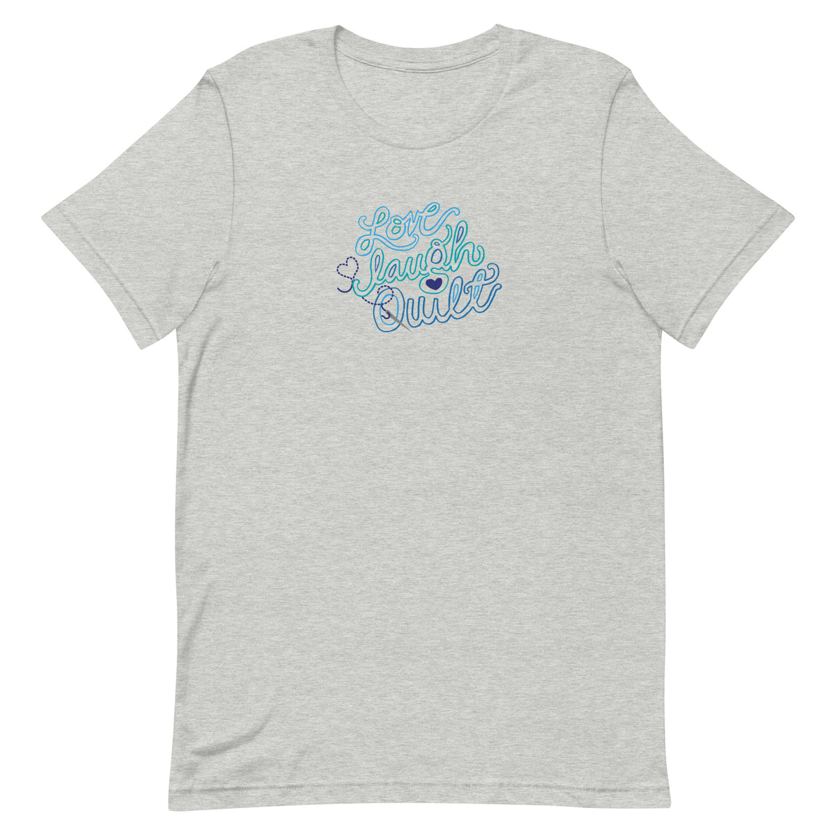 Love Laugh Quilt hand-lettered quilting design on a t-shirt in athletic heather grey, front view – Kate Spain design