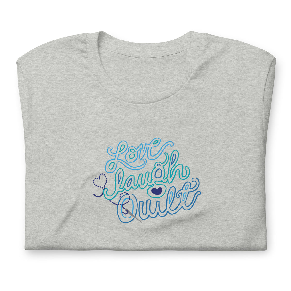Love Laugh Quilt hand-lettered quilting design on a t-shirt in athletic heather grey, folded close-up of the design – Kate Spain design