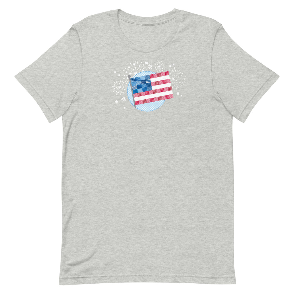 Patchwork Flag quilt-style flag with fireworks on a staple t-shirt in athletic heather grey, front view – Kate Spain design for Pat Sloan