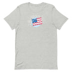 Patchwork Flag quilt-style flag with fireworks on a staple t-shirt in athletic heather grey, front view – Kate Spain design for Pat Sloan
