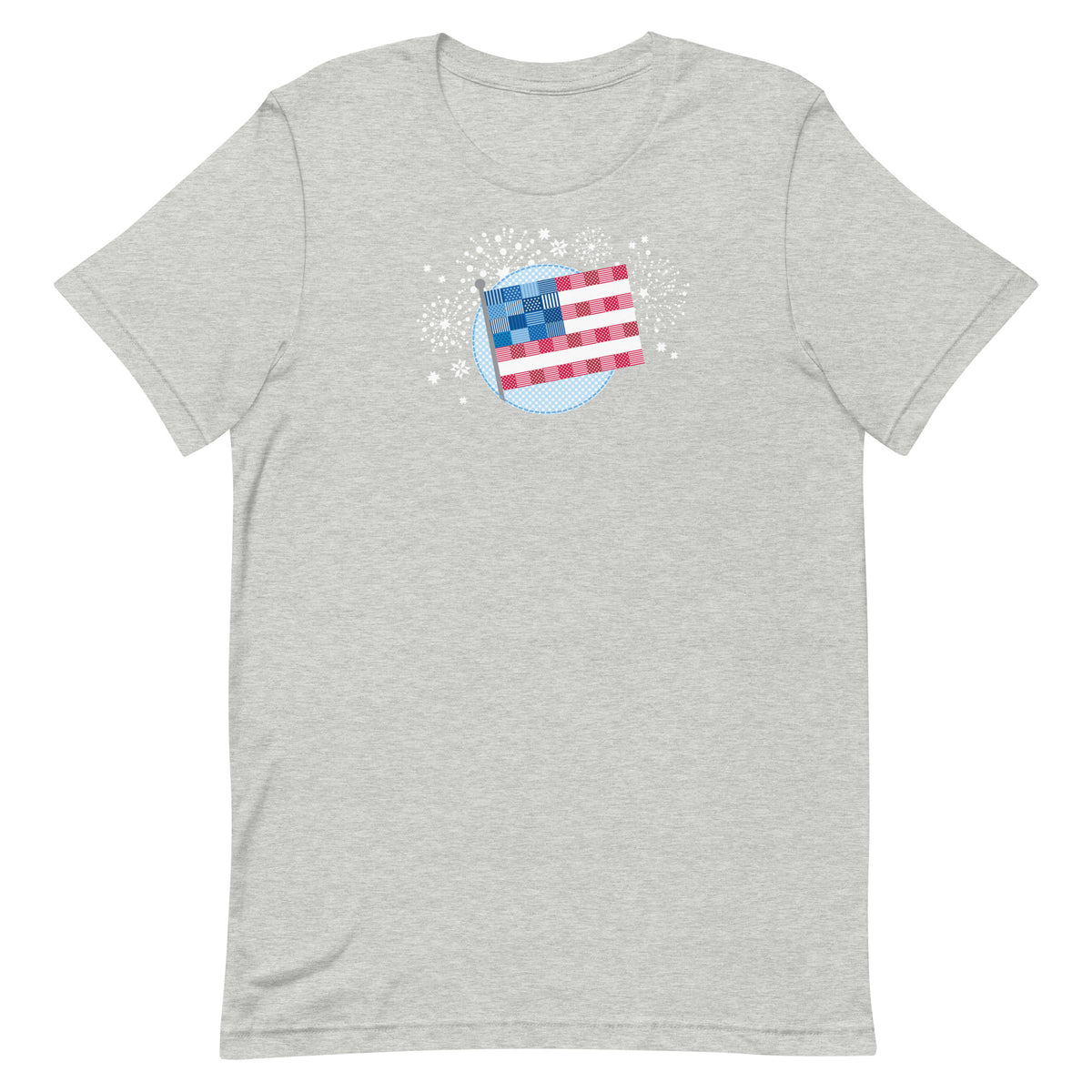 Patchwork Flag quilt-style flag with fireworks on a staple t-shirt in athletic heather grey, front view – Kate Spain design for Pat Sloan