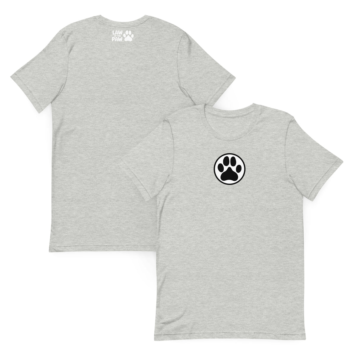 Law of the Paw® dog paw print on a t-shirt in athletic heather grey, front and back view – Kate Spain design