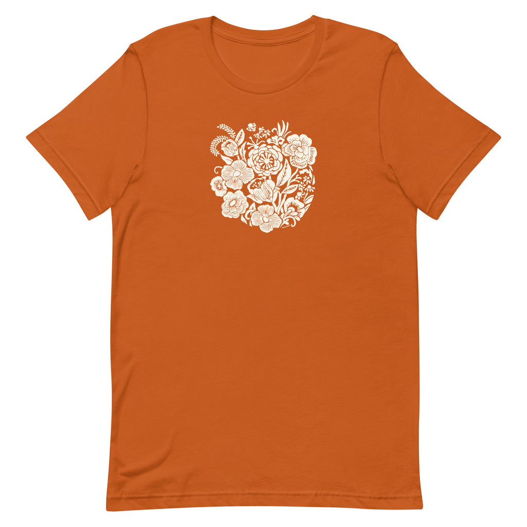 Meadowsweet woodblock-style bouquet of wildflowers on a t-shirt in autumn, front view – Kate Spain design