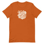 Meadowsweet woodblock-style bouquet of wildflowers on a t-shirt in autumn, front view – Kate Spain design