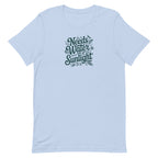 Needs Water + Sunlight hand lettering with leaf and sun accents on a t-shirt in light blue, front view – Kate Spain design