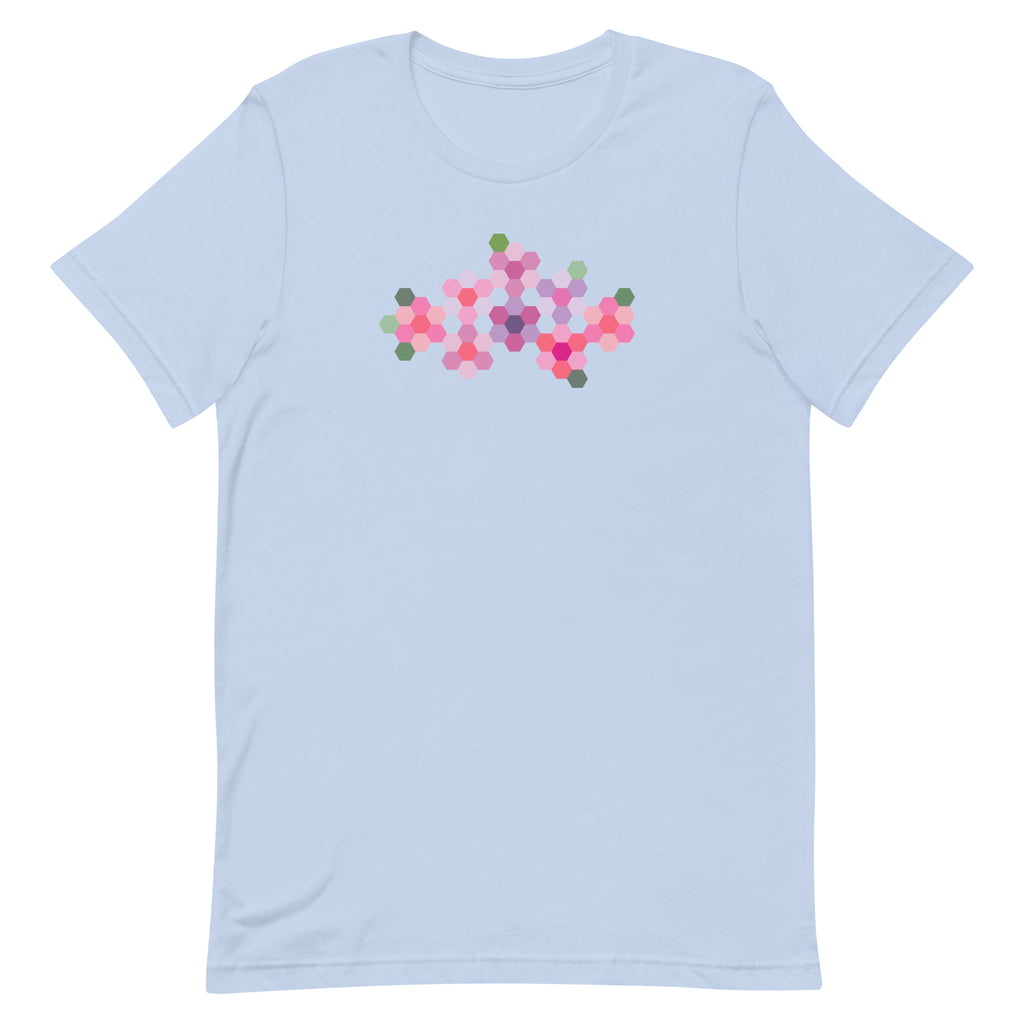 Pink GeoFlora hexagon flowers in pinks, mauves and sage on a t-shirt in light blue, front view – Kate Spain design for Pat Sloan