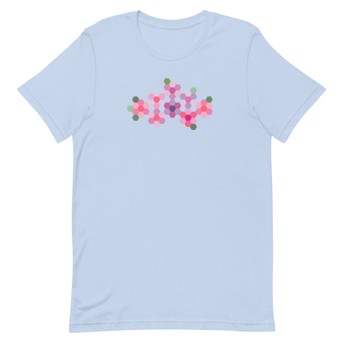 Pink GeoFlora hexagon flowers in pinks, mauves and sage on a t-shirt in light blue, front view – Kate Spain design for Pat Sloan