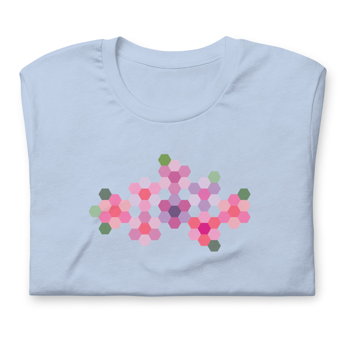 Pink GeoFlora hexagon flowers in pinks, mauves and sage on a t-shirt in light blue, folded close-up of the design – Kate Spain design for Pat Sloan