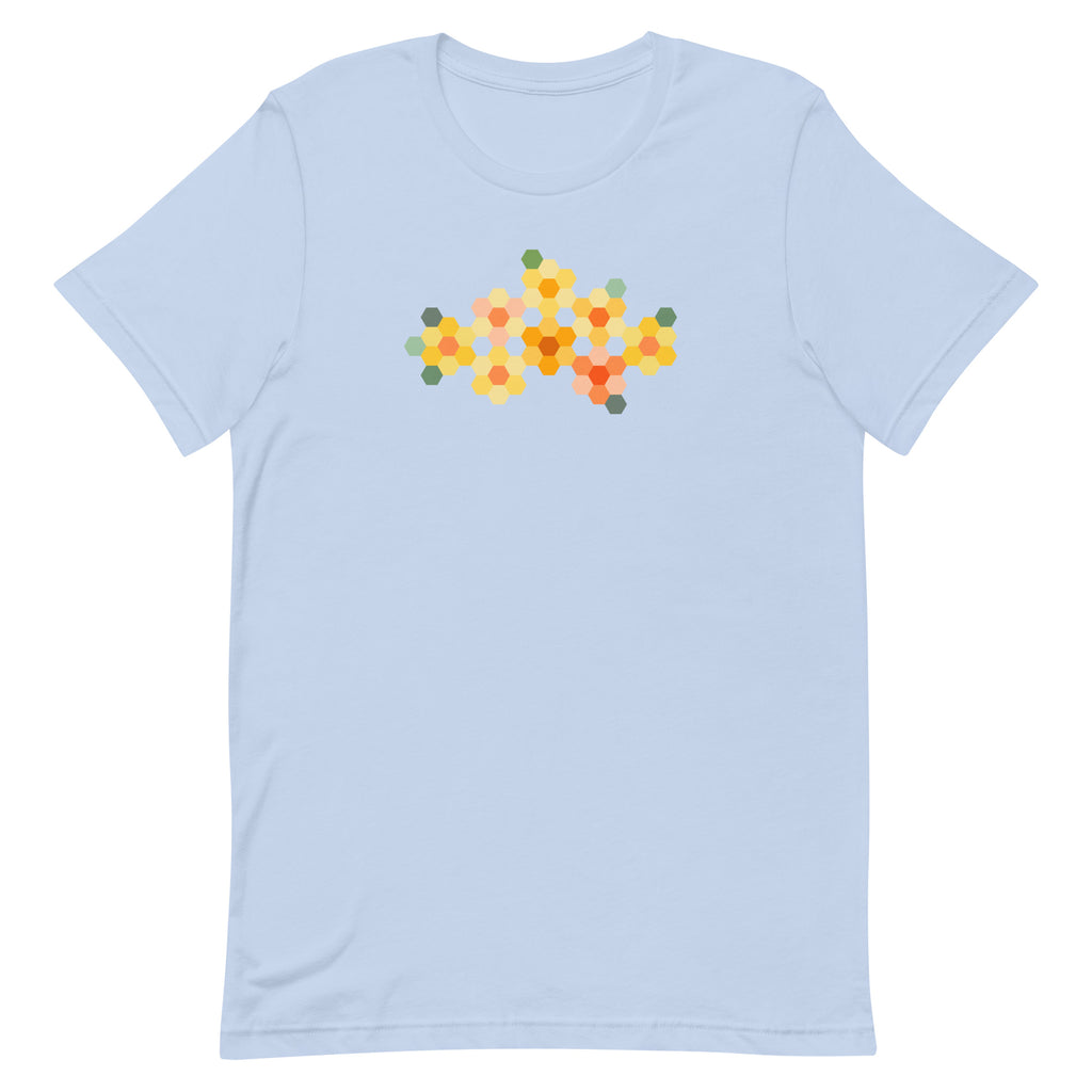Yellow GeoFlora hexagon flowers in golden yellow, orange, coral and sage on a t-shirt in light blue, front view – Kate Spain design for Pat Sloan
