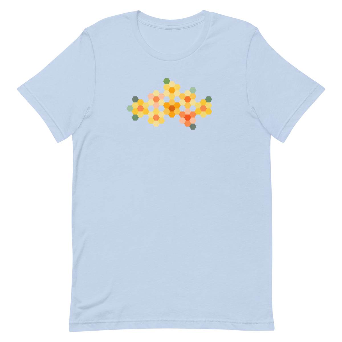 Yellow GeoFlora hexagon flowers in golden yellow, orange, coral and sage on a t-shirt in light blue, front view – Kate Spain design for Pat Sloan