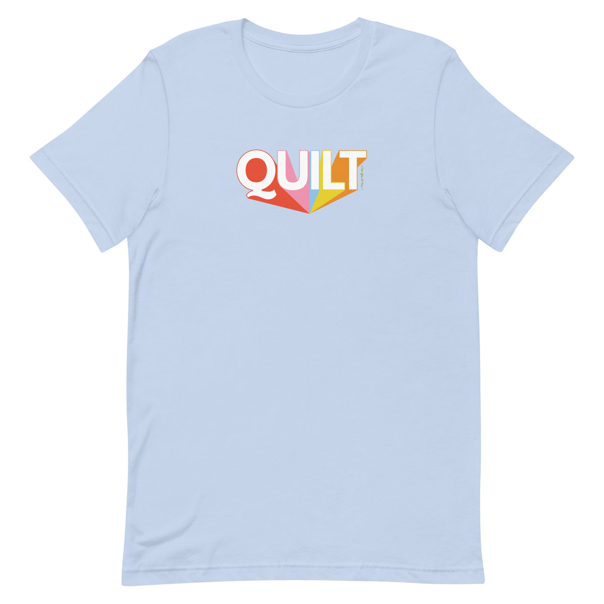 Moda QUILT logo with orange, pink, blue and yellow rays on a staple t-shirt in light blue, front view – Kate Spain design