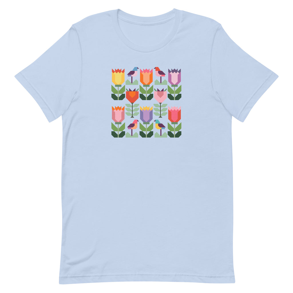 Birds + Blooms patchwork tulips and birds on a t-shirt in light blue, front view – Kate Spain design for Pat Sloan