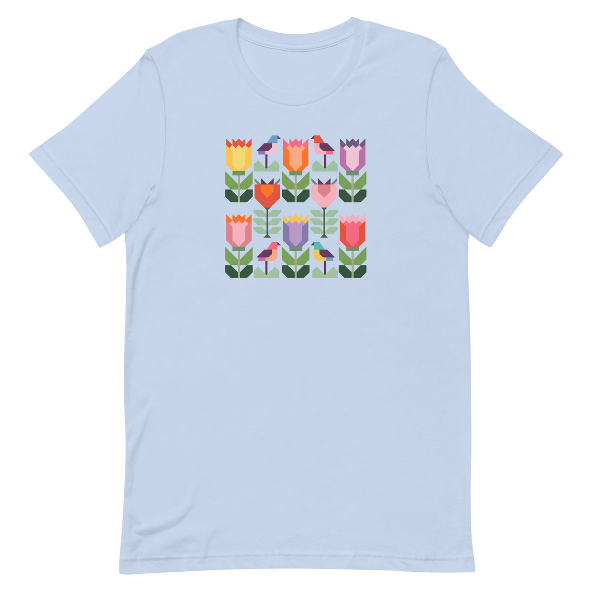 Birds + Blooms patchwork tulips and birds on a t-shirt in light blue, front view – Kate Spain design for Pat Sloan