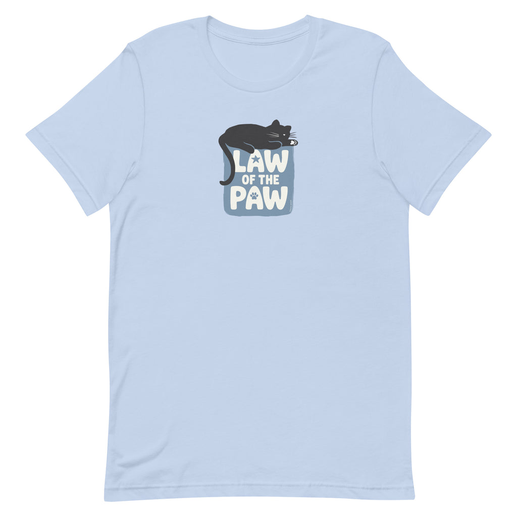 Law of the Paw® design with a cat napping on the logo on a t-shirt in light blue, front view – Kate Spain design