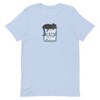 Law of the Paw® design with a cat napping on the logo on a t-shirt in light blue, front view – Kate Spain design
