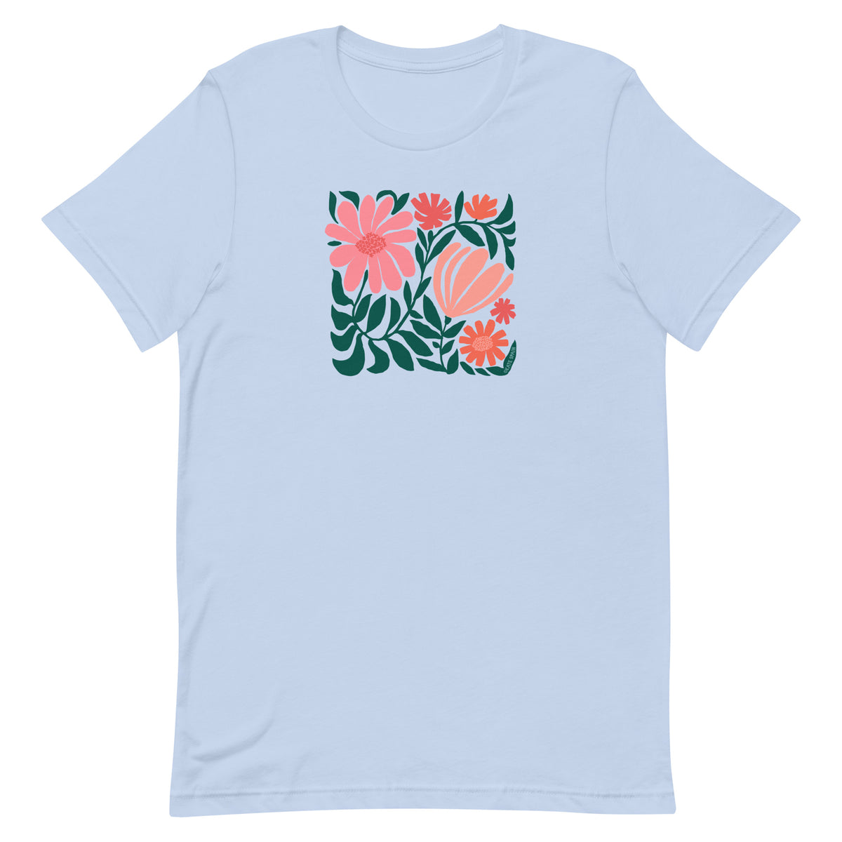 Botanica modern floral design with pink and coral blooms on a t-shirt in light blue, front view – Kate Spain design