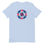 Barn Star quilt block in red, white and blue on a staple t-shirt in baby blue, front view – Kate Spain design for Pat Sloan