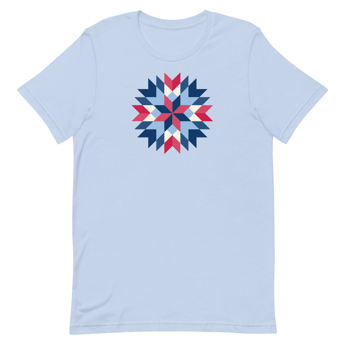 Barn Star quilt block in red, white and blue on a staple t-shirt in baby blue, front view – Kate Spain design for Pat Sloan