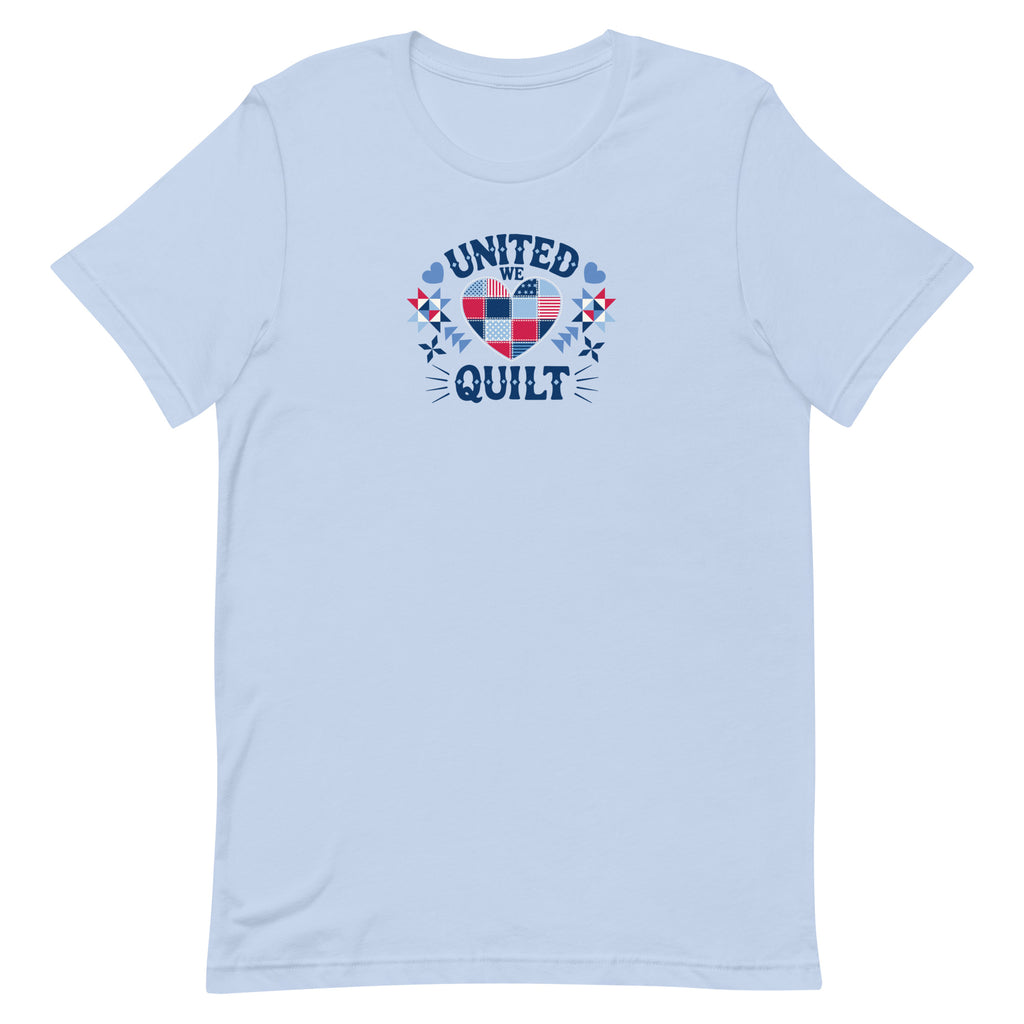 United We Quilt patchwork heart with quilt stars on a staple t-shirt in light blue, front view – Kate Spain design for Pat Sloan