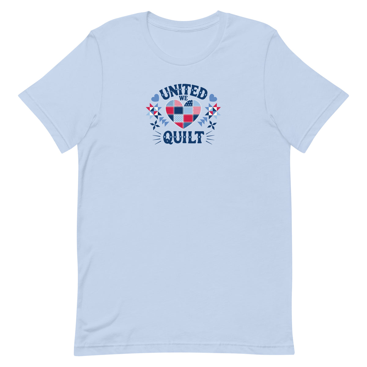United We Quilt patchwork heart with quilt stars on a staple t-shirt in light blue, front view – Kate Spain design for Pat Sloan