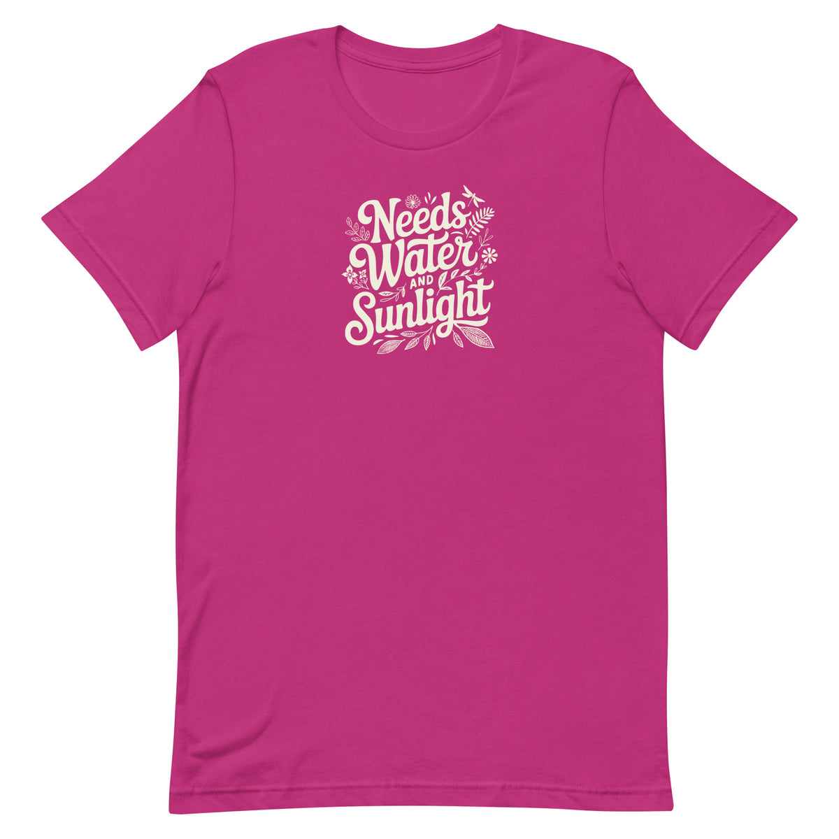 Needs Water + Sunlight hand lettering with leaf and sun accents on a t-shirt in berry, front view – Kate Spain design