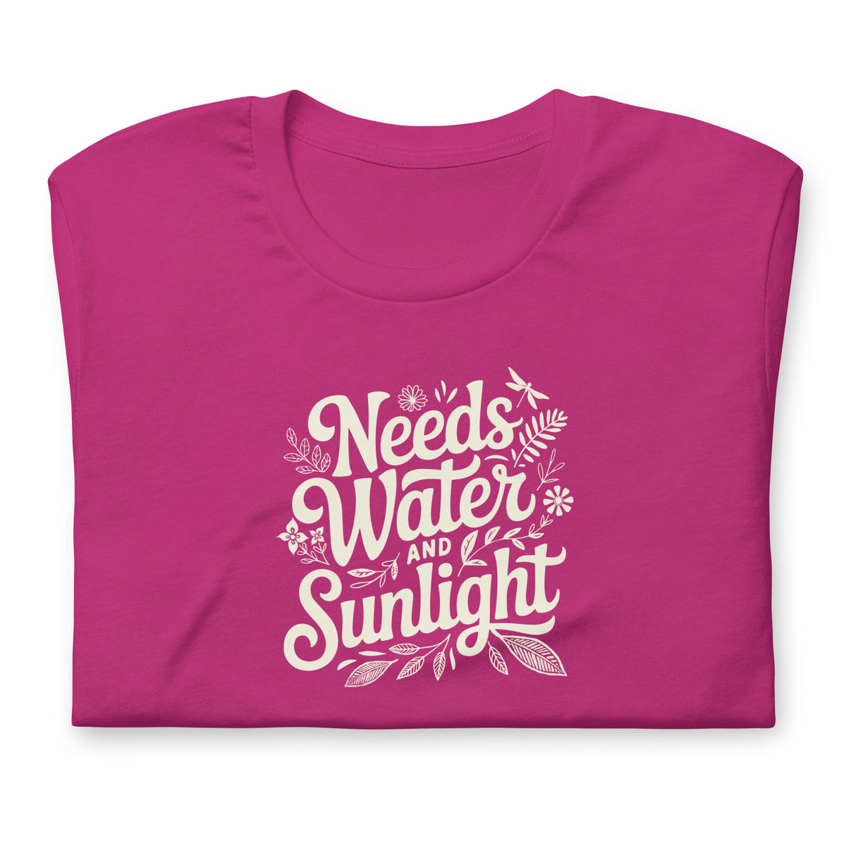 Needs Water + Sunlight hand lettering with leaf and sun accents on a t-shirt in berry, folded close-up of the design – Kate Spain design