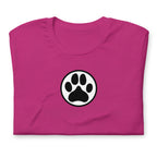 Law of the Paw® dog paw print on a t-shirt in berry, folded close-up of the design – Kate Spain design