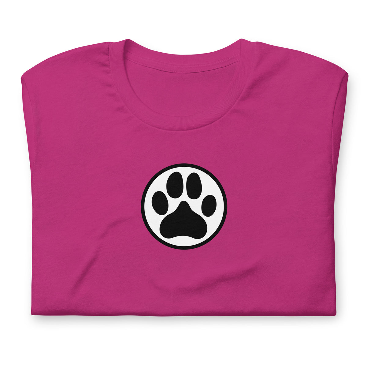 Law of the Paw® dog paw print on a t-shirt in berry, folded close-up of the design – Kate Spain design
