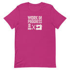 Work in Progress Mod distressed lettering with thread, scissors and sewing machine on a t-shirt in berry, front view – Kate Spain design for Pat Sloan