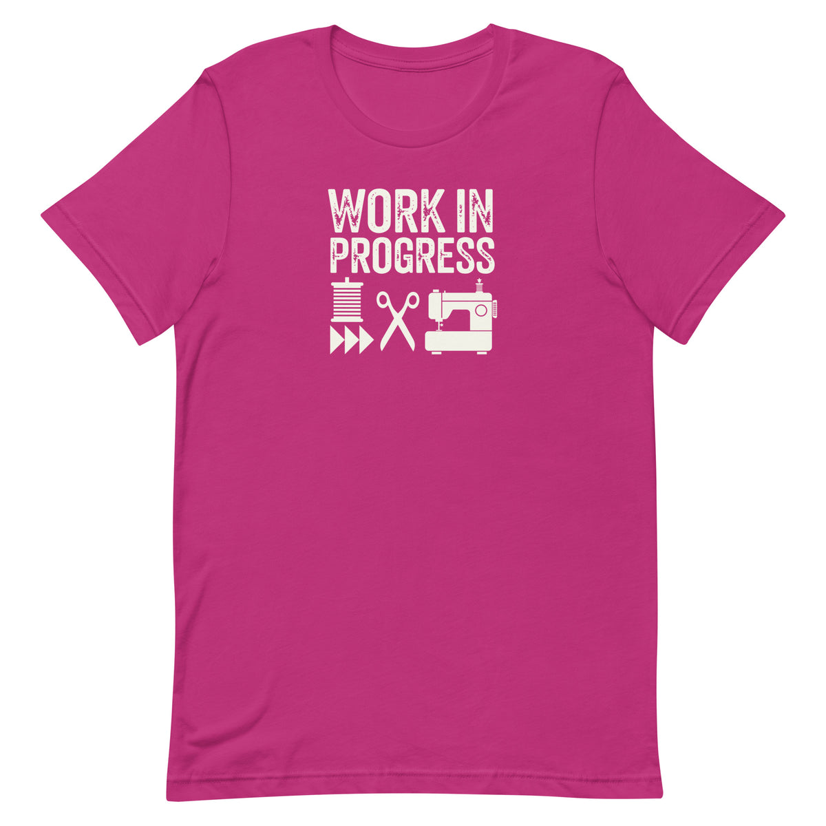 Work in Progress Mod distressed lettering with thread, scissors and sewing machine on a t-shirt in berry, front view – Kate Spain design for Pat Sloan