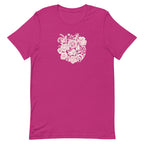 Meadowsweet woodblock-style bouquet of wildflowers on a t-shirt in berry, front view – Kate Spain design